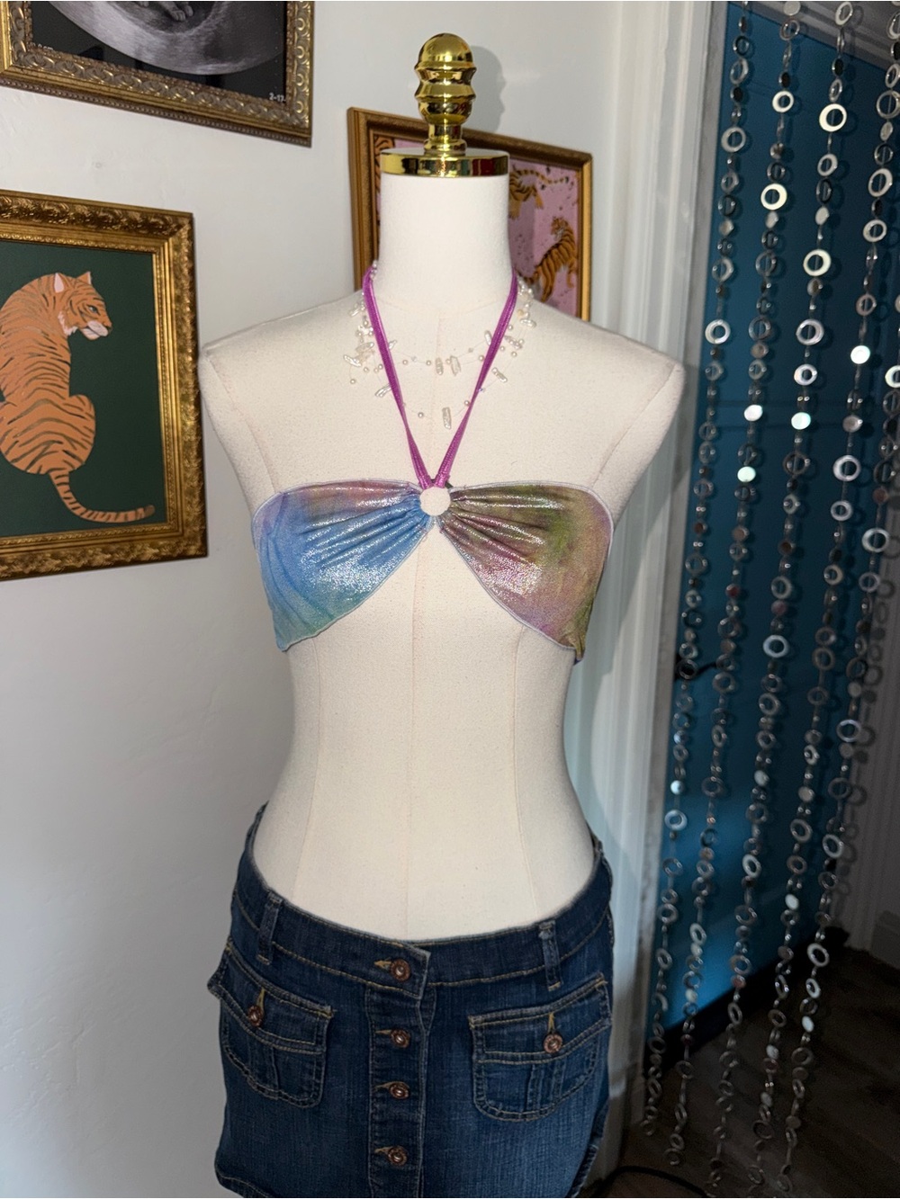 Vintage Y2K Holographic Rainbow Halter Bandeau Top - Pink Tie